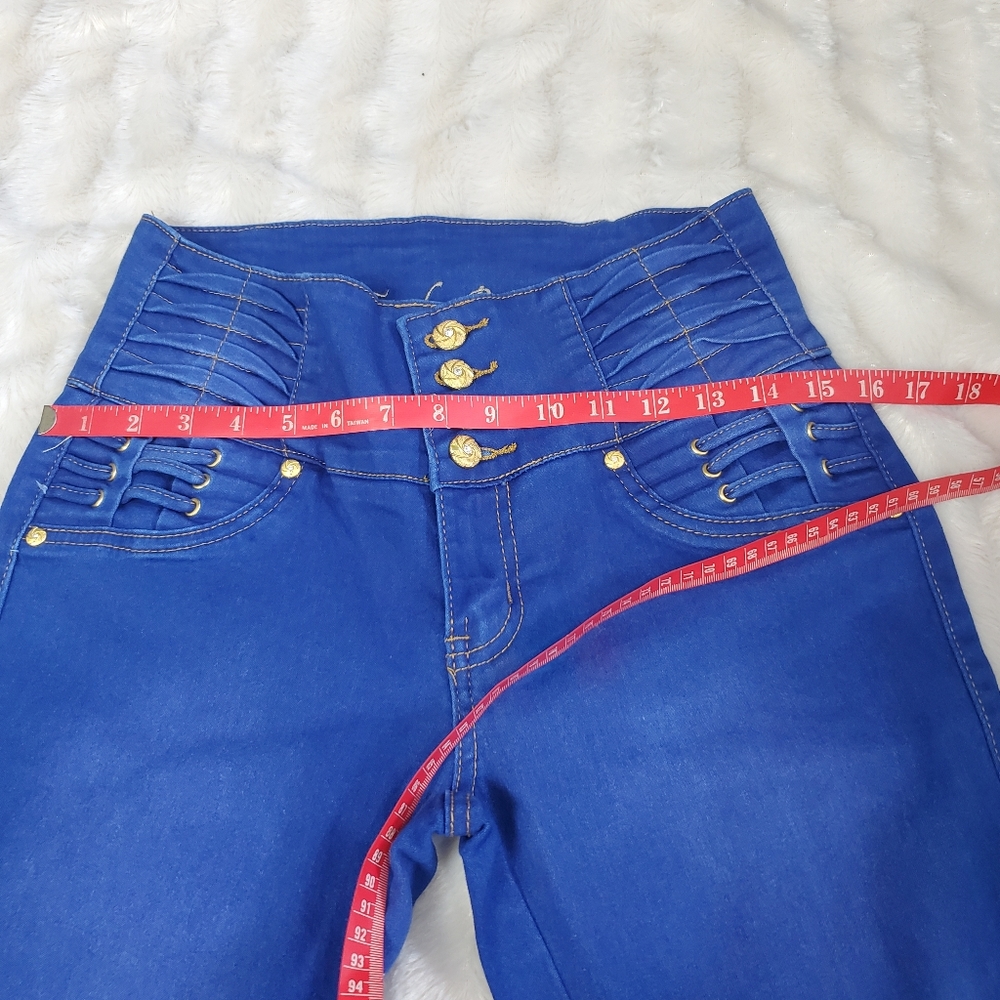 TUSH PUSH~BLUE 4 BUTTON HIGH-RISE JEGGINGS WITH TEXTURED ACCENTS! - Picture 8 of 16